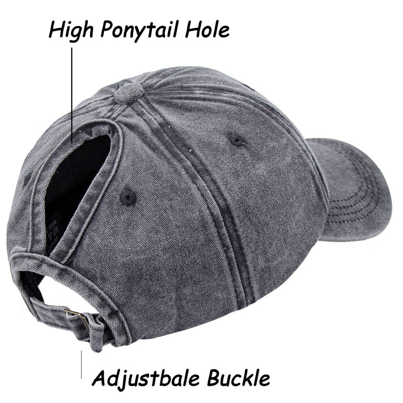Eohak Ponytail Baseball Hat Distressed Retro Washed Womens Twill Grey - Image 4
